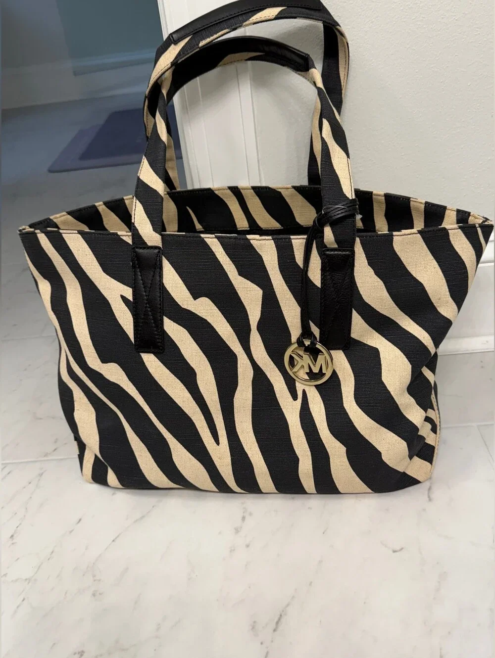 Michael Kors Black & Beige Zebra-Print Tote with MK Charm - Picture 1 of 11
